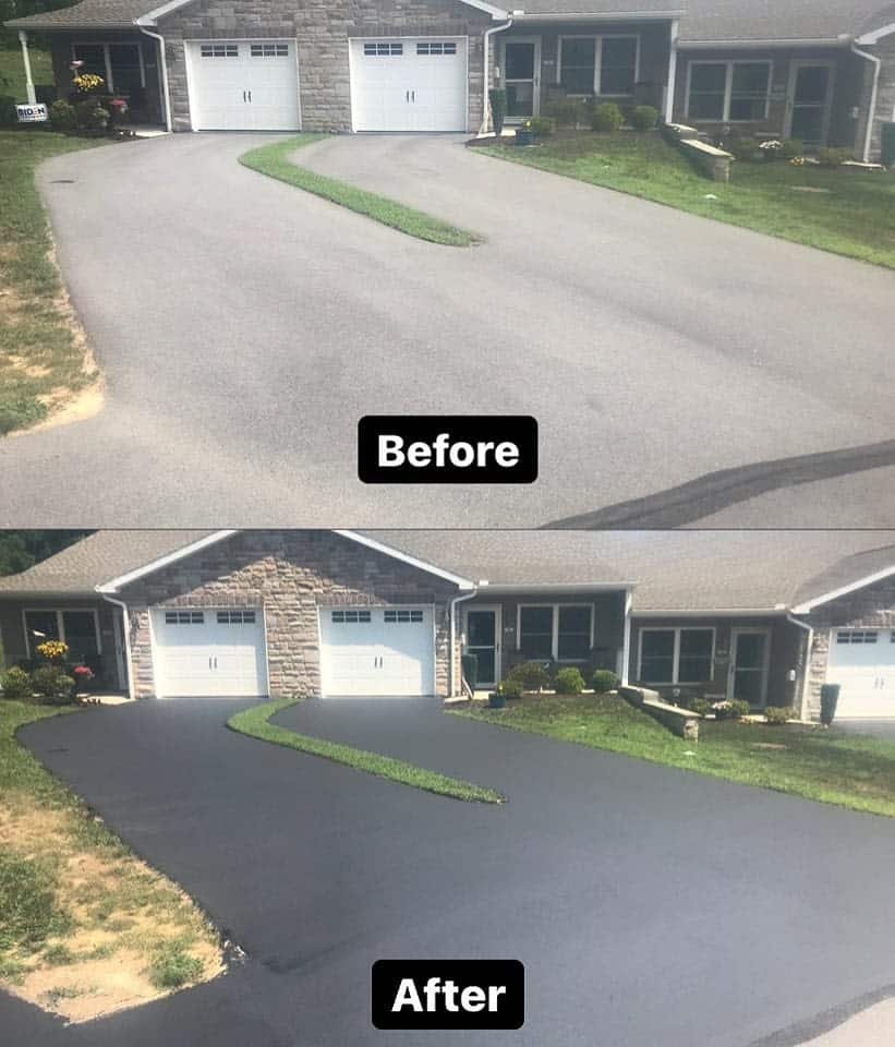 Picture before & after sealcoating a residential driveway.